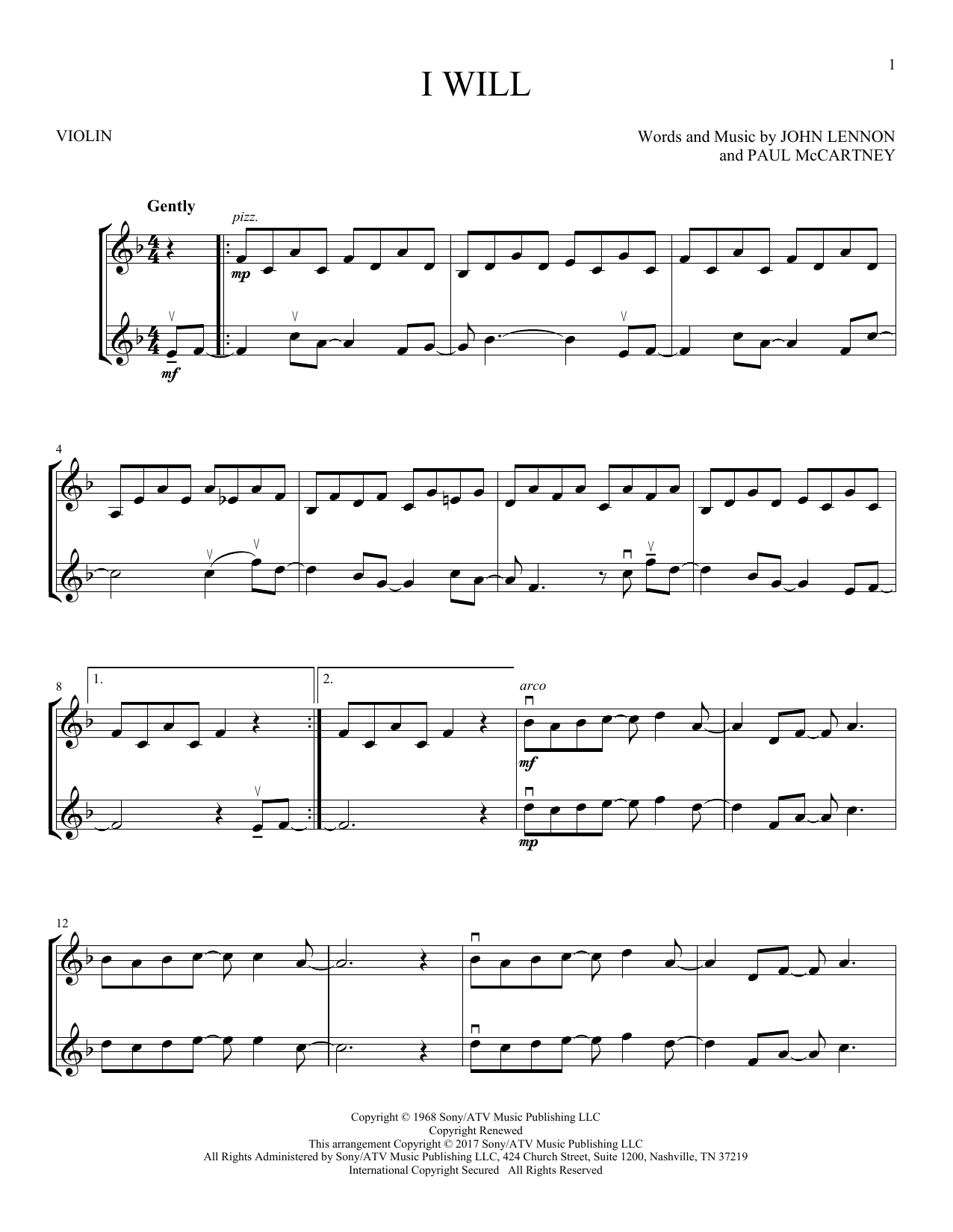 The Beatles I Will Sheet Music