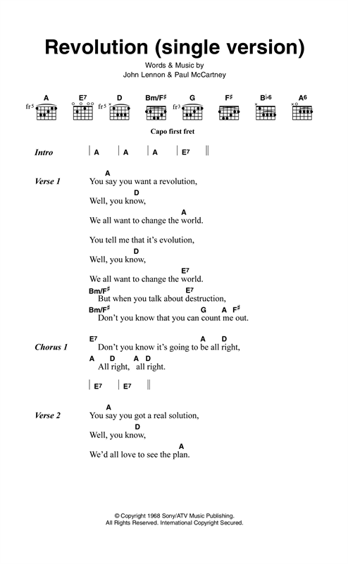 Download The Beatles Revolution (Single Version) Sheet Music and learn how to play Lyrics & Chords PDF digital score in minutes