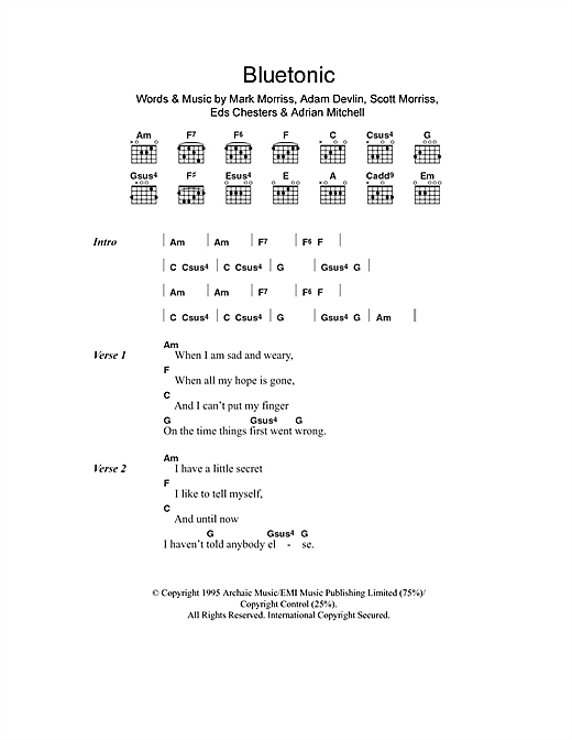 Download The Bluetones Bluetonic Sheet Music and learn how to play Lyrics & Chords PDF digital score in minutes