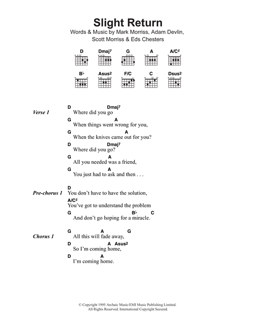Download The Bluetones Slight Return Sheet Music and learn how to play Lyrics & Chords PDF digital score in minutes