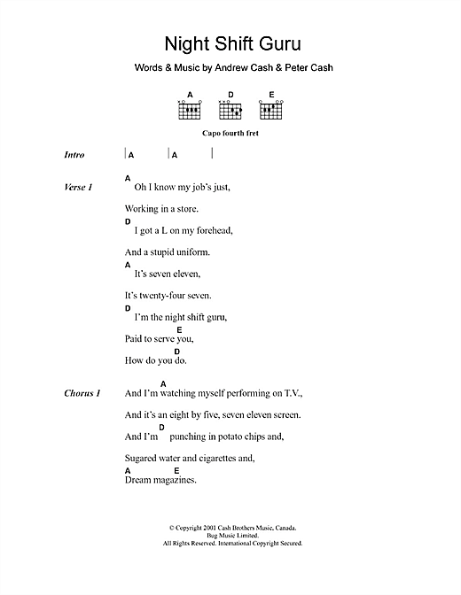 Download The Cash Brothers Night Shift Guru Sheet Music and learn how to play Lyrics & Chords PDF digital score in minutes