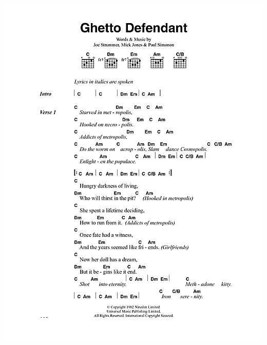 Download The Clash Ghetto Defendant Sheet Music and learn how to play Lyrics & Chords PDF digital score in minutes