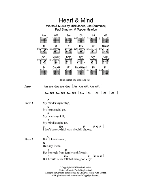 Download The Clash Heart & Mind Sheet Music and learn how to play Lyrics & Chords PDF digital score in minutes