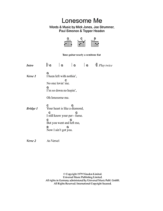 Download The Clash Lonesome Me Sheet Music and learn how to play Lyrics & Chords PDF digital score in minutes