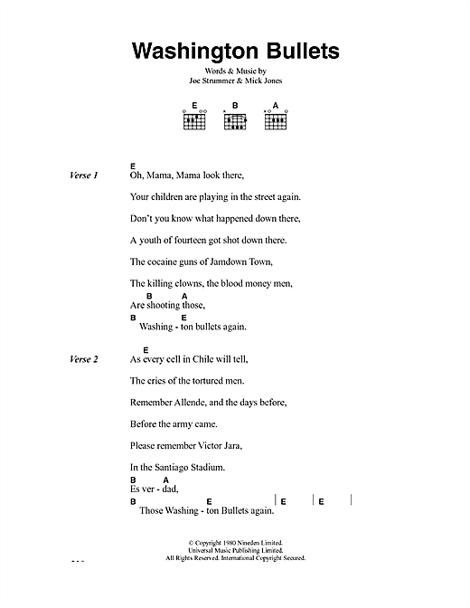 Download The Clash Washington Bullets Sheet Music and learn how to play Lyrics & Chords PDF digital score in minutes