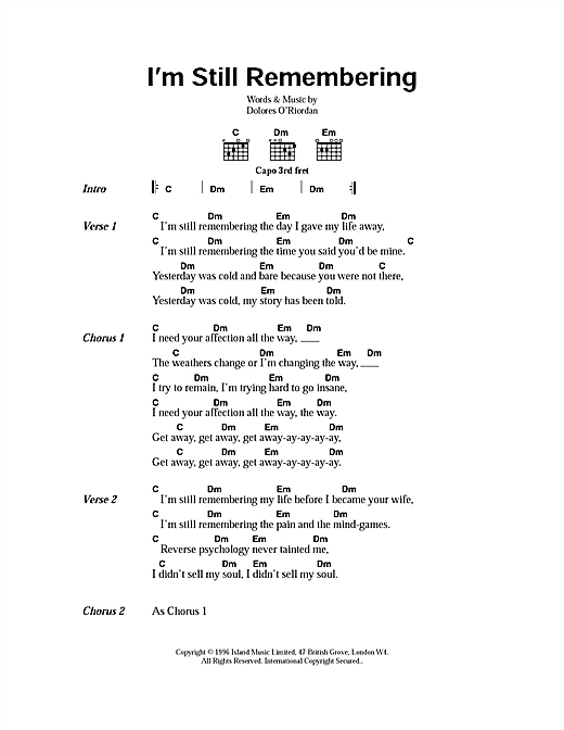 Download The Cranberries I'm Still Remembering Sheet Music and learn how to play Lyrics & Chords PDF digital score in minutes