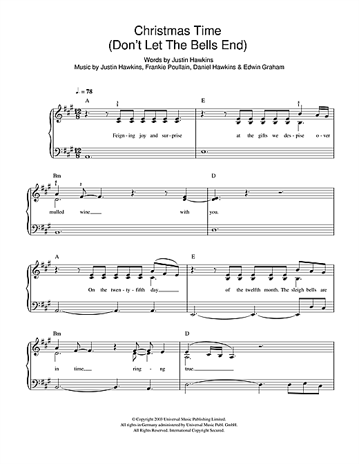 Download The Darkness Christmas Time (Don't Let The Bells End) Sheet Music and learn how to play Beginner Piano PDF digital score in minutes