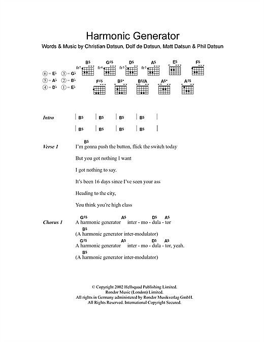Download The Datsuns Harmonic Generator Sheet Music and learn how to play Lyrics & Chords PDF digital score in minutes
