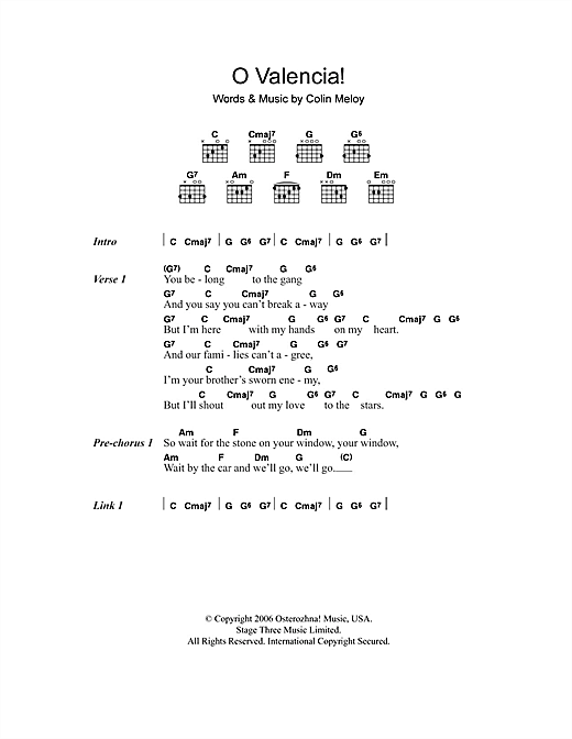 Download The Decemberists O Valencia! Sheet Music and learn how to play Lyrics & Chords PDF digital score in minutes