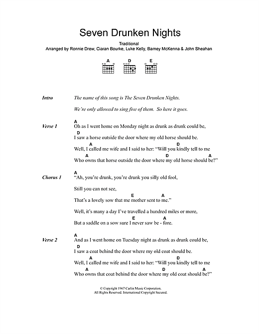 Download The Dubliners Seven Drunken Nights Sheet Music and learn how to play Lyrics & Chords PDF digital score in minutes