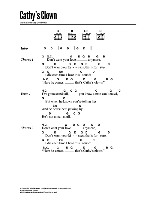Download The Everly Brothers Cathy's Clown Sheet Music and learn how to play Lyrics & Chords PDF digital score in minutes