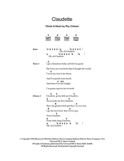 Download The Everly Brothers Claudette Sheet Music and learn how to play Lyrics & Chords PDF digital score in minutes