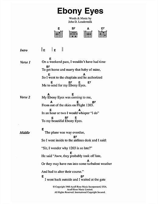 Download The Everly Brothers Ebony Eyes Sheet Music and learn how to play Lyrics & Chords PDF digital score in minutes