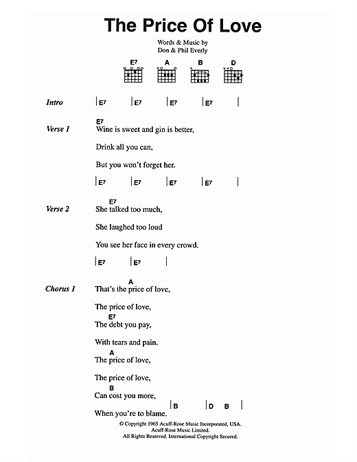 Download The Everly Brothers The Price Of Love Sheet Music and learn how to play Piano, Vocal & Guitar (Right-Hand Melody) PDF digital score in minutes