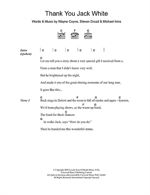 Download The Flaming Lips Thank You Jack White Sheet Music and learn how to play Lyrics & Chords PDF digital score in minutes