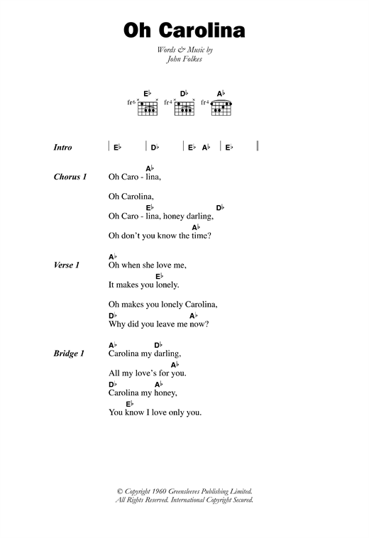 Download The Folkes Brothers Oh Carolina Sheet Music and learn how to play Lyrics & Chords PDF digital score in minutes