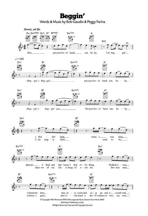 Download The Four Seasons Beggin' Sheet Music and learn how to play Ukulele PDF digital score in minutes