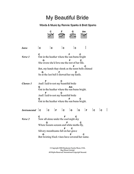 Download The Handsome Family My Beautiful Bride Sheet Music and learn how to play Lyrics & Chords PDF digital score in minutes