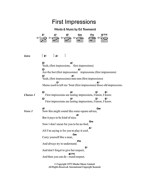 Download The Impressions First Impressions Sheet Music and learn how to play Lyrics & Chords PDF digital score in minutes