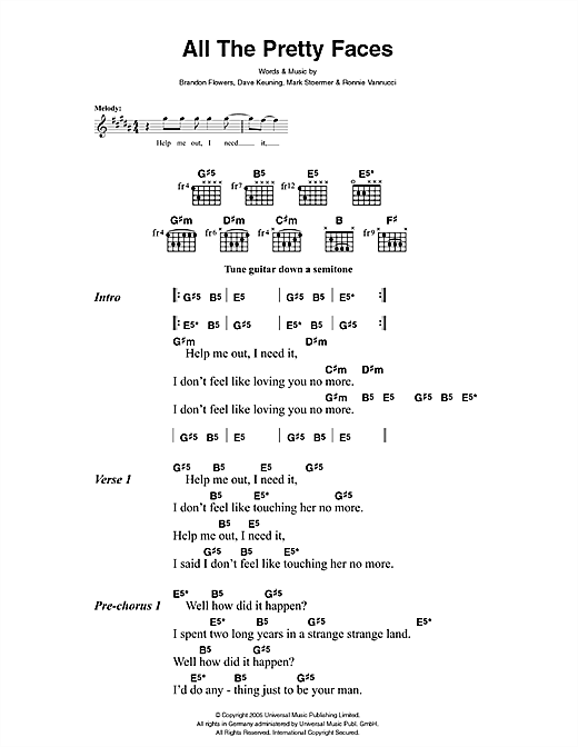 Download The Killers All The Pretty Faces Sheet Music and learn how to play Lyrics & Chords PDF digital score in minutes