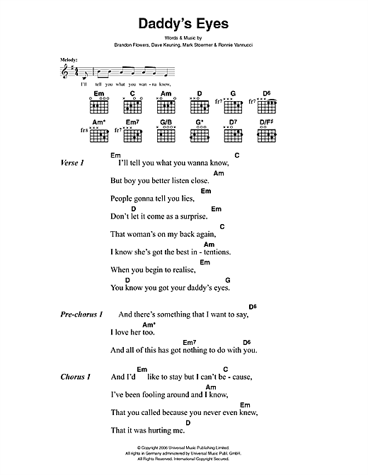 Download The Killers Daddy's Eyes Sheet Music and learn how to play Lyrics & Chords PDF digital score in minutes