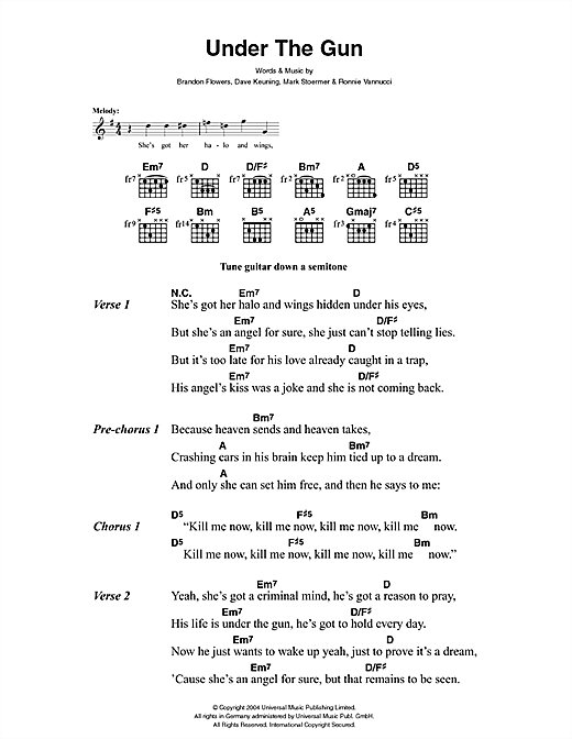 Download The Killers Under The Gun Sheet Music and learn how to play Lyrics & Chords PDF digital score in minutes
