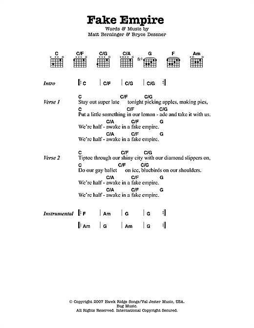Download The National Fake Empire Sheet Music and learn how to play Lyrics & Chords PDF digital score in minutes