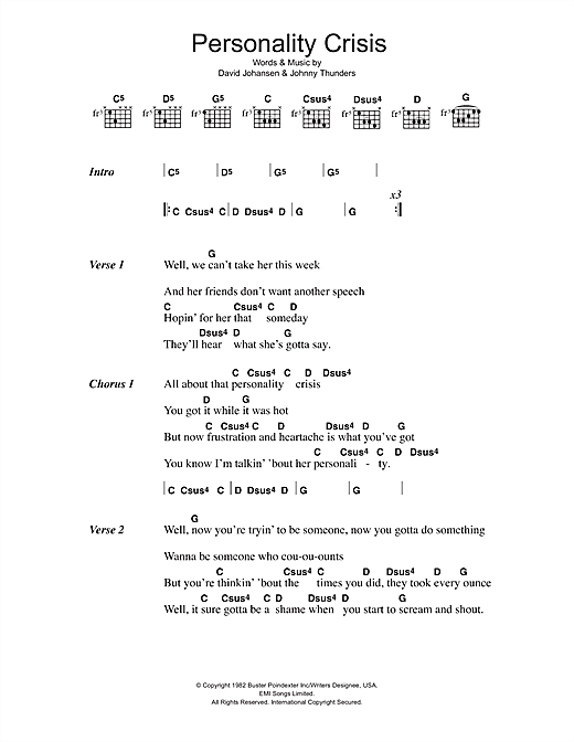 Download The New York Dolls Personality Crisis Sheet Music and learn how to play Ukulele PDF digital score in minutes