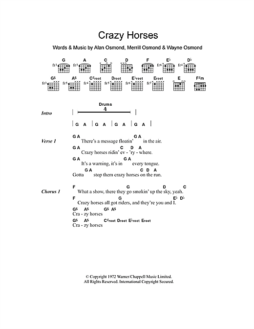 Download The Osmonds Crazy Horses Sheet Music and learn how to play Lyrics & Chords PDF digital score in minutes