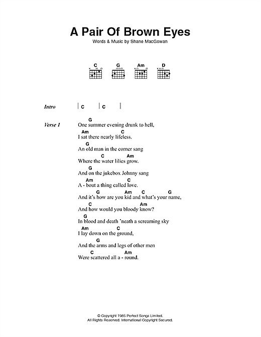Download The Pogues A Pair Of Brown Eyes Sheet Music and learn how to play Lyrics & Chords PDF digital score in minutes