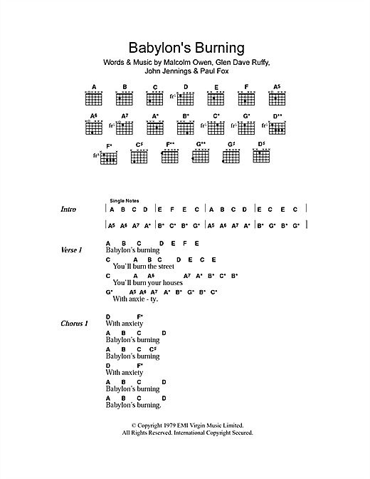 Download The Ruts Babylon's Burning Sheet Music and learn how to play Lyrics & Chords PDF digital score in minutes