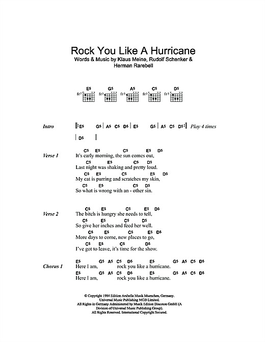Download The Scorpions Rock You Like A Hurricane Sheet Music and learn how to play Lyrics & Chords PDF digital score in minutes