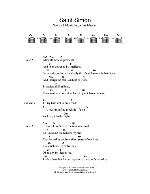 Download The Shins Saint Simon Sheet Music and learn how to play Lyrics & Chords PDF digital score in minutes