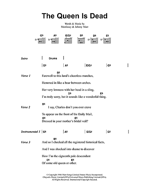 Download The Smiths The Queen Is Dead Sheet Music and learn how to play Lyrics & Chords PDF digital score in minutes