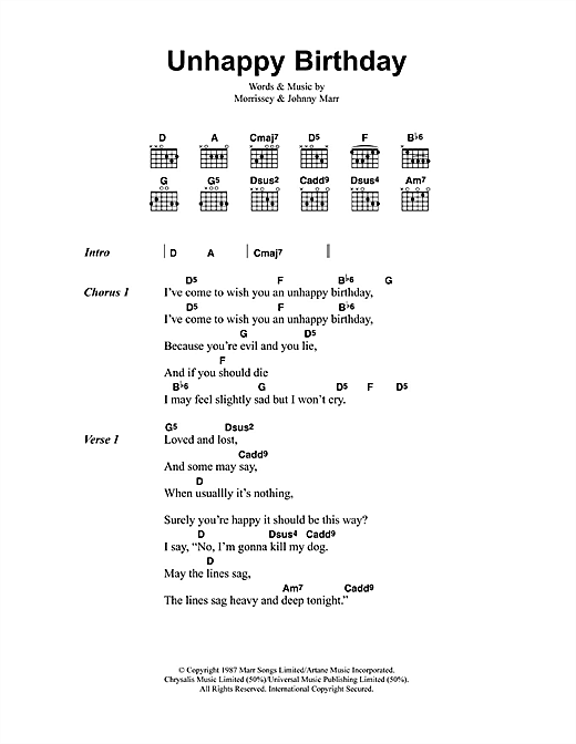 Download The Smiths Unhappy Birthday Sheet Music and learn how to play Lyrics & Chords PDF digital score in minutes