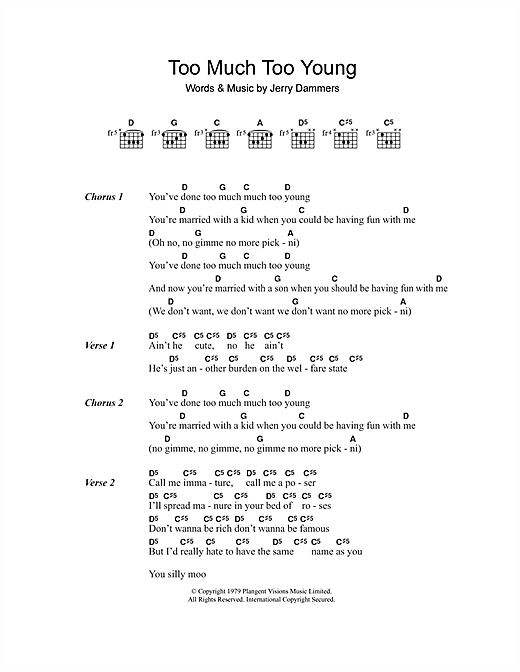 Download The Specials Too Much Too Young Sheet Music and learn how to play Lyrics & Chords PDF digital score in minutes