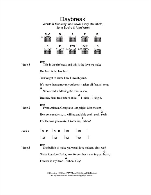 Download The Stone Roses Daybreak Sheet Music and learn how to play Lyrics & Chords PDF digital score in minutes