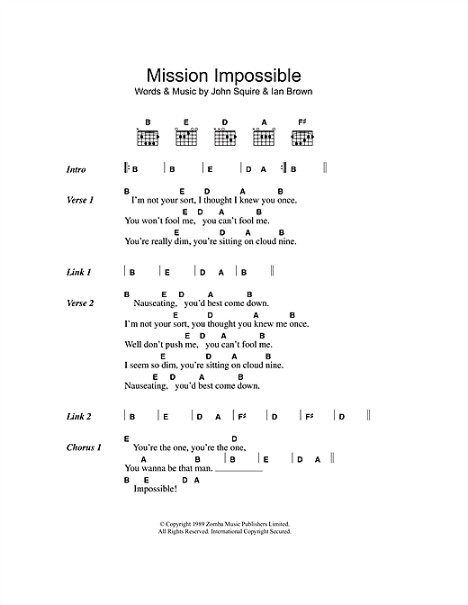Download The Stone Roses Mission Impossible Sheet Music and learn how to play Lyrics & Chords PDF digital score in minutes