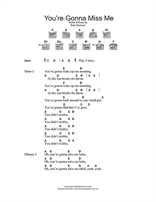 Download The Thirteenth Floor Elevators You're Gonna Miss Me Sheet Music and learn how to play Ukulele PDF digital score in minutes