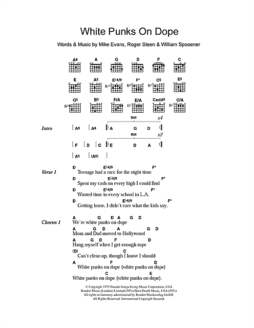 Download The Tubes White Punks On Dope Sheet Music and learn how to play Lyrics & Chords PDF digital score in minutes