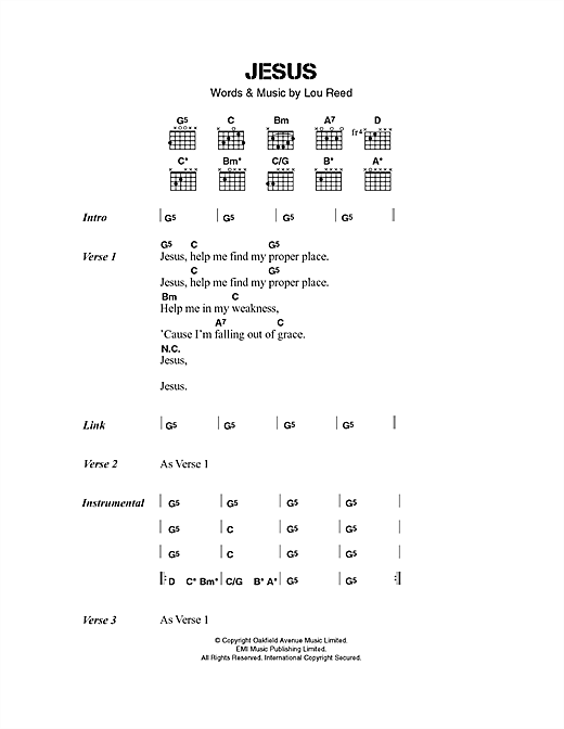 Download The Velvet Underground Jesus Sheet Music and learn how to play Lyrics & Chords PDF digital score in minutes