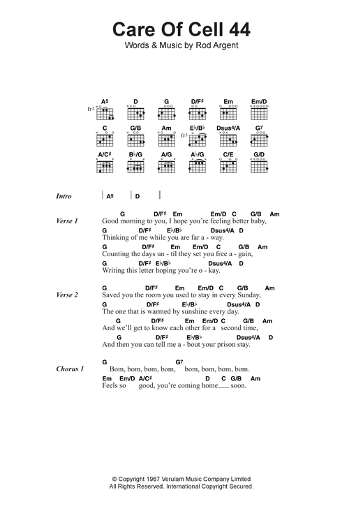 Download The Zombies Care Of Cell 44 Sheet Music and learn how to play Lyrics & Chords PDF digital score in minutes