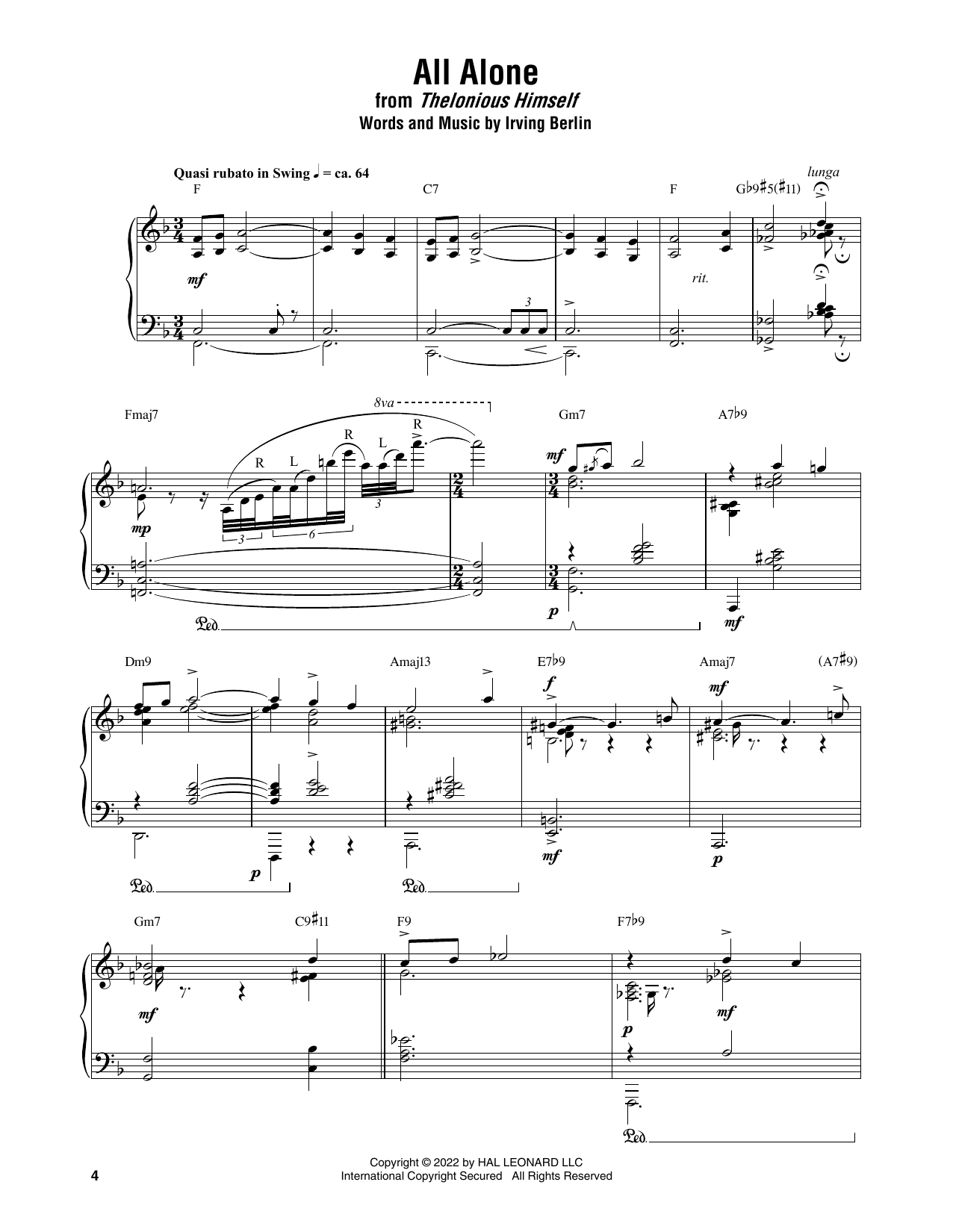 Download Thelonious Monk All Alone Sheet Music and learn how to play Piano Transcription PDF digital score in minutes