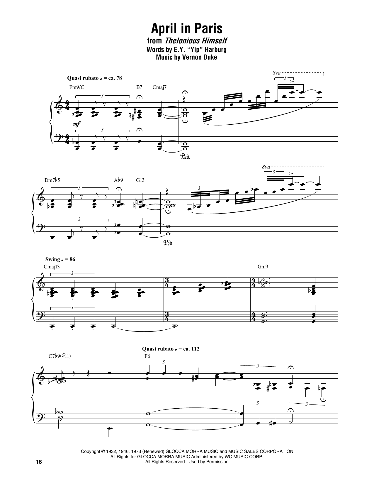 Download Thelonious Monk April In Paris Sheet Music and learn how to play Piano Transcription PDF digital score in minutes