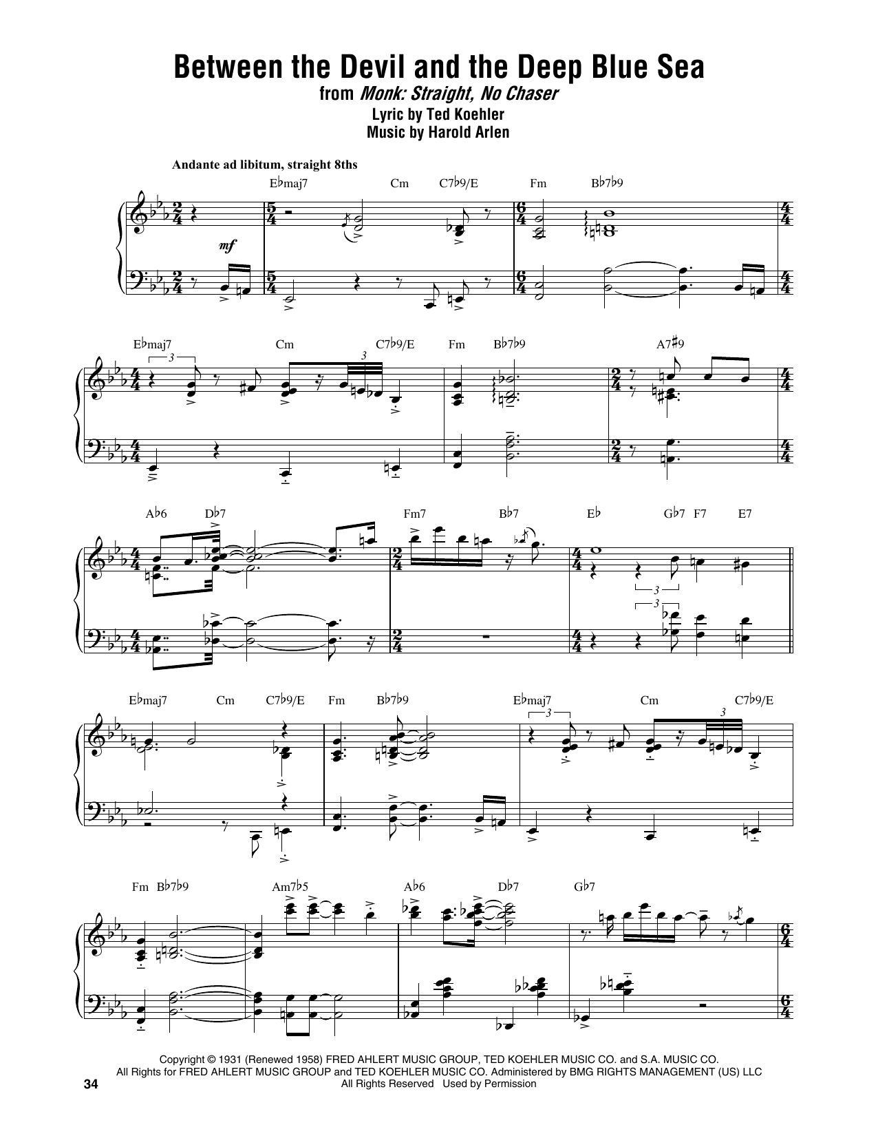 Download Thelonious Monk Between The Devil And The Deep Blue Sea Sheet Music and learn how to play Piano Transcription PDF digital score in minutes