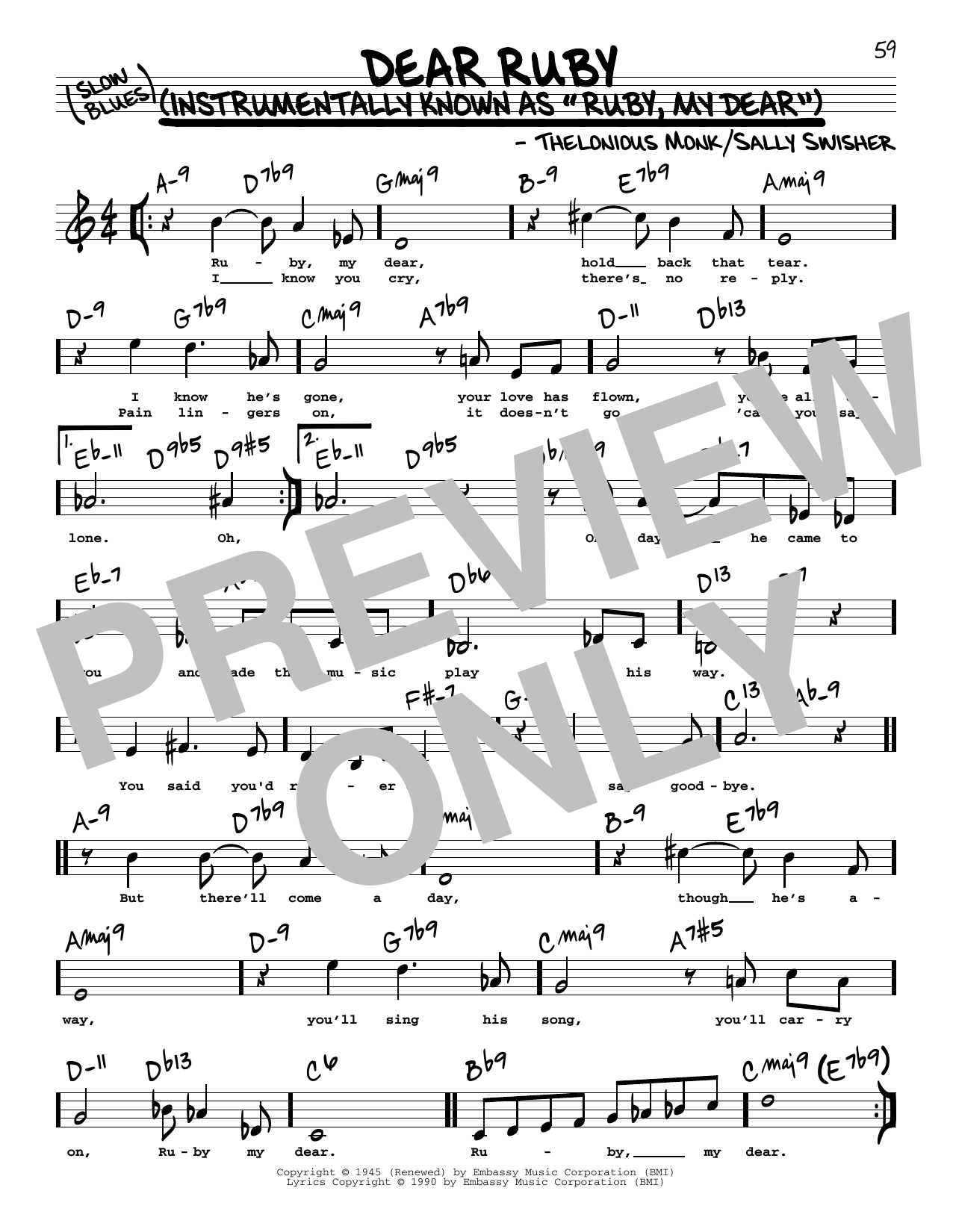 Download Thelonious Monk Dear Ruby (High Voice) Sheet Music and learn how to play Real Book – Melody, Lyrics & Chords PDF digital score in minutes