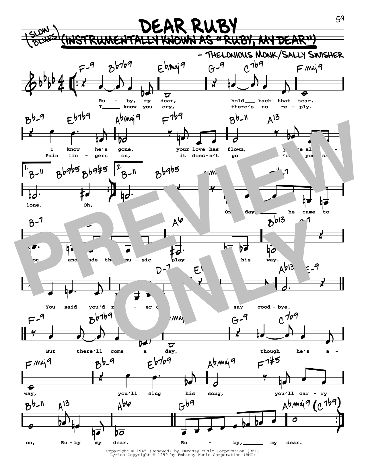 Download Thelonious Monk Dear Ruby (Low Voice) Sheet Music and learn how to play Real Book – Melody, Lyrics & Chords PDF digital score in minutes