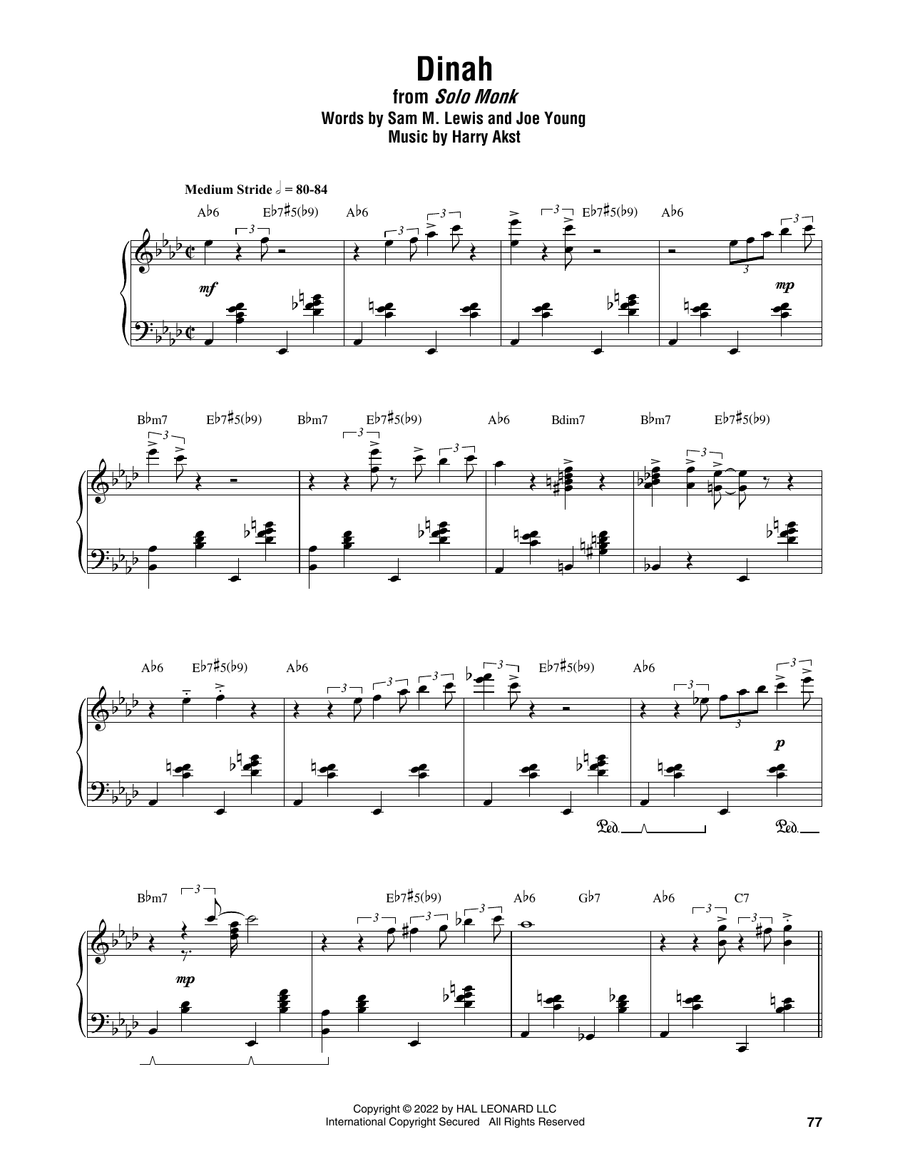 Download Thelonious Monk Dinah Sheet Music and learn how to play Piano Transcription PDF digital score in minutes