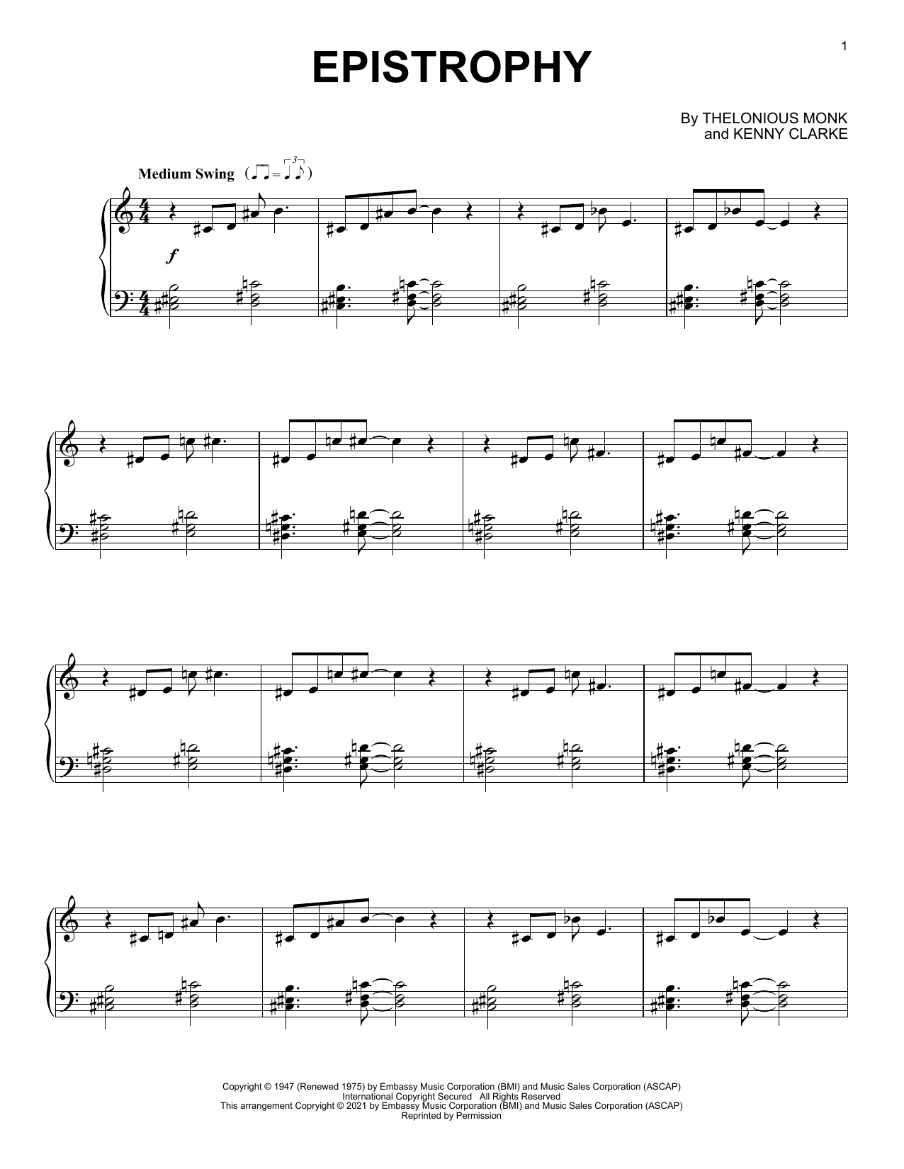 Download Thelonious Monk Epistrophy Sheet Music and learn how to play Piano Transcription PDF digital score in minutes
