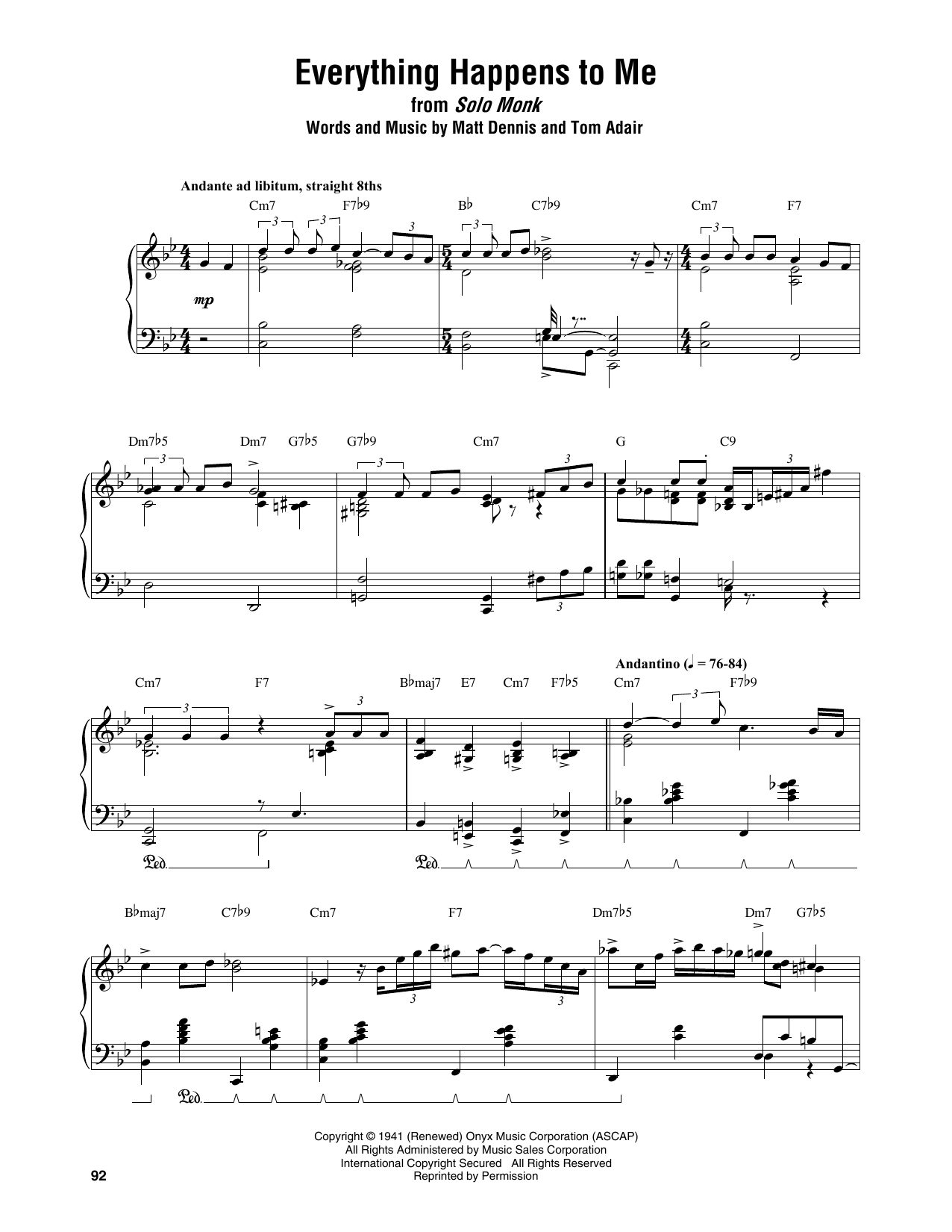 Download Thelonious Monk Everything Happens To Me Sheet Music and learn how to play Piano Transcription PDF digital score in minutes